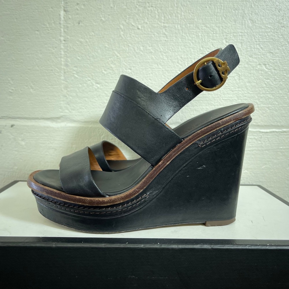 Tory Burch Selby Black Leather Wedge Sandals Ankle Strap Women's US 5.5 M - Picture 4 of 12